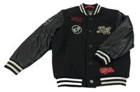 Černá flaušová baseballová zateplená bunda s koženkovými rukávy a nápisem Next