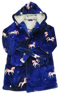 Modrý plyšový župan s jednorožci a kapucí Bluezoo