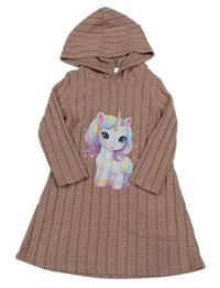 Starorůžové žebrované úpletové šaty s jednorožcem a kapucí 