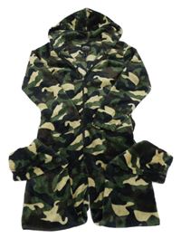 Khaki-černo-béžová army plyšová kombinéza s kapucí 
