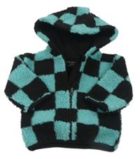 Modro-černá kostkovaná huňatá propínací mikina s kapucí zn. Primark