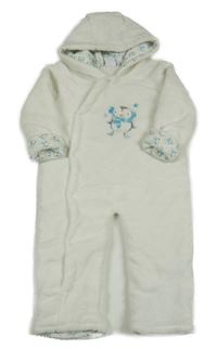 Smetanová plyšová zateplená kombinéza s tučňákem a kapucí 