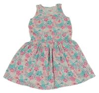 Bílo-modro-růžové květované puntíkaté šaty 