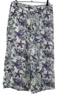 Dámské bílo-tmavomodro-fialové květované lněné culottes kalhoty Multiblu
