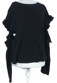 Dámský černý žebrovaný svetr s průstřihy a volánky BeYou