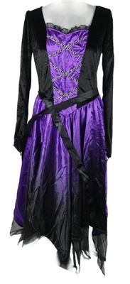 Kostým - Dámské černo-fialové sametovo/saténové šaty s páskem 