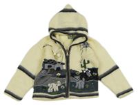 Smetanovo-šedý propínací svetr s obrázky a kapucí