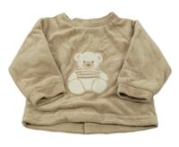 Béžová žebrovaná sametová podšitá mikina s medvědem 