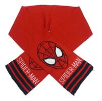 Červená šála s pruhy a Spidermanem 