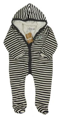 Nové - Antracitovo-bílá pruhovaná sametová zateplená kombinéza s kapucí 