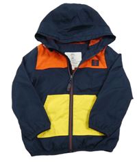 Tmavomodro-červeno-žlutá šusťáková jarní bunda s kapucí