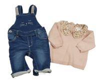 2Set - Tmavomodré teplákové riflové laclové kalhoty s čumáčkem + světlerůžový svetr s límečkem s kytičkami PRIMARK