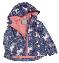 Tmavomodrá květovaná nepromokavá jarní bunda s jednorožci a kapucí Lily & Dan