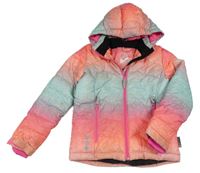 Korálovo-mátovo-růžová skvrnitá prošívaná šusťáková zimní lyžařská bunda s kapucí C&A