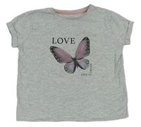 Šedé melírované tričko s motýlem Tu