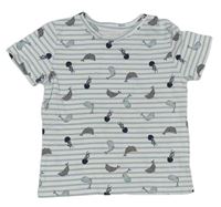 Bílo-světlemodré pruhované tričko s mořskými živočichy Sinsay 