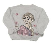 Šedý chlupatý svetr s Elsou a flitry Disney