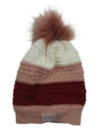 Nové - Růžovo-vínovo-bílá pruhovaná pletená podšitá čepice s bambulí