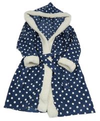Tmavomodro-bílý puntíkovaný fleecový župan s kapucí a páskem Esprit 