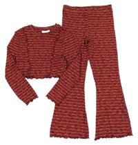 Nové - Červeno-šedé melírované crop triko s volánky + flare kalhoty Matalan