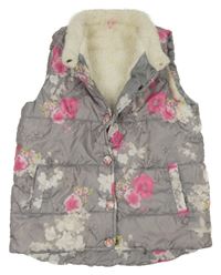 Šedá šusťáková prošívaná zateplená květovaná vesta 