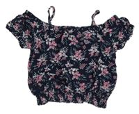 Tmavomodrá crop halenka s květy a volnými rameny 