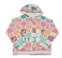 Bílo-barevná kostkovaná propínací mikina s obrázky a kapucí Tu