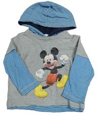 Šedo-petrolejovo-bílé melírované triko s Mickey a pruhy a kapucí Disney