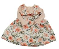 2Set - Bílo-pudrové šaty s kytičkami a kanýrky a žebrováním + zavazovací čelenka