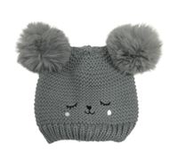 Šedá pletená čepice s čumáčkem a bambulemi