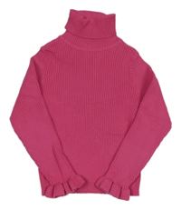 Tmavorůžový žebrovaný svetrový rolák s volánky Matalan