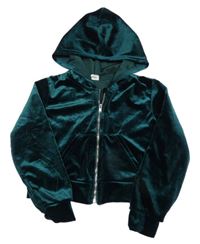 Smaragdová sametová propínací crop mikina s nápisem z kamínků a kapucí SHEIN