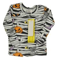 Nové - bílo-černé vzorované triko s dýněmi a netopýry a duchy SHEIN