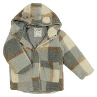 Smetanovo-hnědo-šedá kostkovaná huňatá zateplená bunda s kapucí s oušky Matalan
