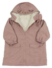 Starorůžový šusťákový jarní zateplený kabát s volánky a kapucí s kočičkou SHEIN