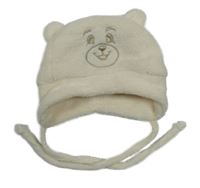 Smetanová plyšová zavazovací čepice - medvídek 