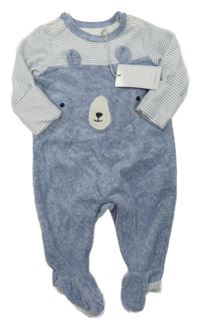 Nové - modro-bílý melírovaný sametový overal s medvídkem a pruhy Mothercare