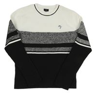 Bílo-černo-šedý svetr s pruhy a výšivkou River Island