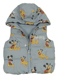 Světlemodrá šusťáková zateplená vesta s Mickeym s Plutem a kapucí Tu