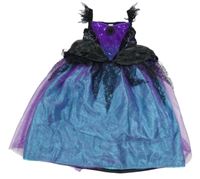 Kostým - Černo-modro-fialové šaty s flitry a broží - čarodějnice Tu