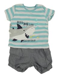 Světlemodro-bílo-tmavomodrý kraťasový overal se žralokem a pruhy Topomini