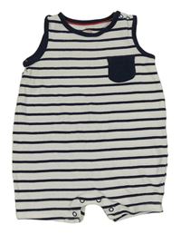 Bílo-tmavomodrý pruhovaný bavlněný kraťasový overal s kapsou C&A