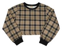 Hnědo-černo-žlutá kostkovaná crop mikina