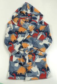 Modro-oranžovo-červený chlupatý župan s dinosaury a kapucí  