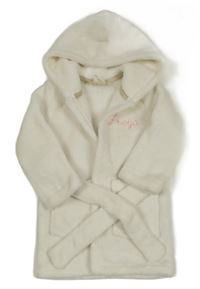 Bílý plyšový župan s nápisem a kapucí 