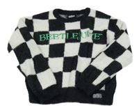 Bílo-černý kostkovaný chlupatý crop svetr s nápisem Primark