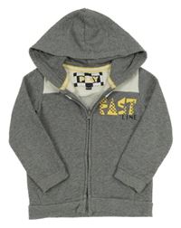 Šedo-bílá propínací mikina s nápisem a kapucí 