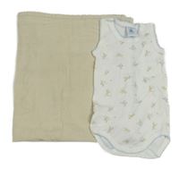 2 set - béžová mušelínová plena + bílé body s obrázky 