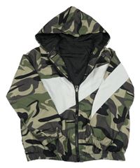Khaki-černá army šusťáková jarní bunda s bílým pruhem a kapucí 