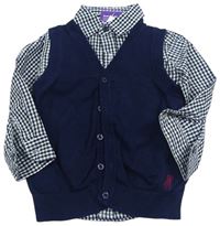 2set - Tmavomodrá svetrová propínací vesta + tmavozeleno-bílá kostkovaná košile Junior J